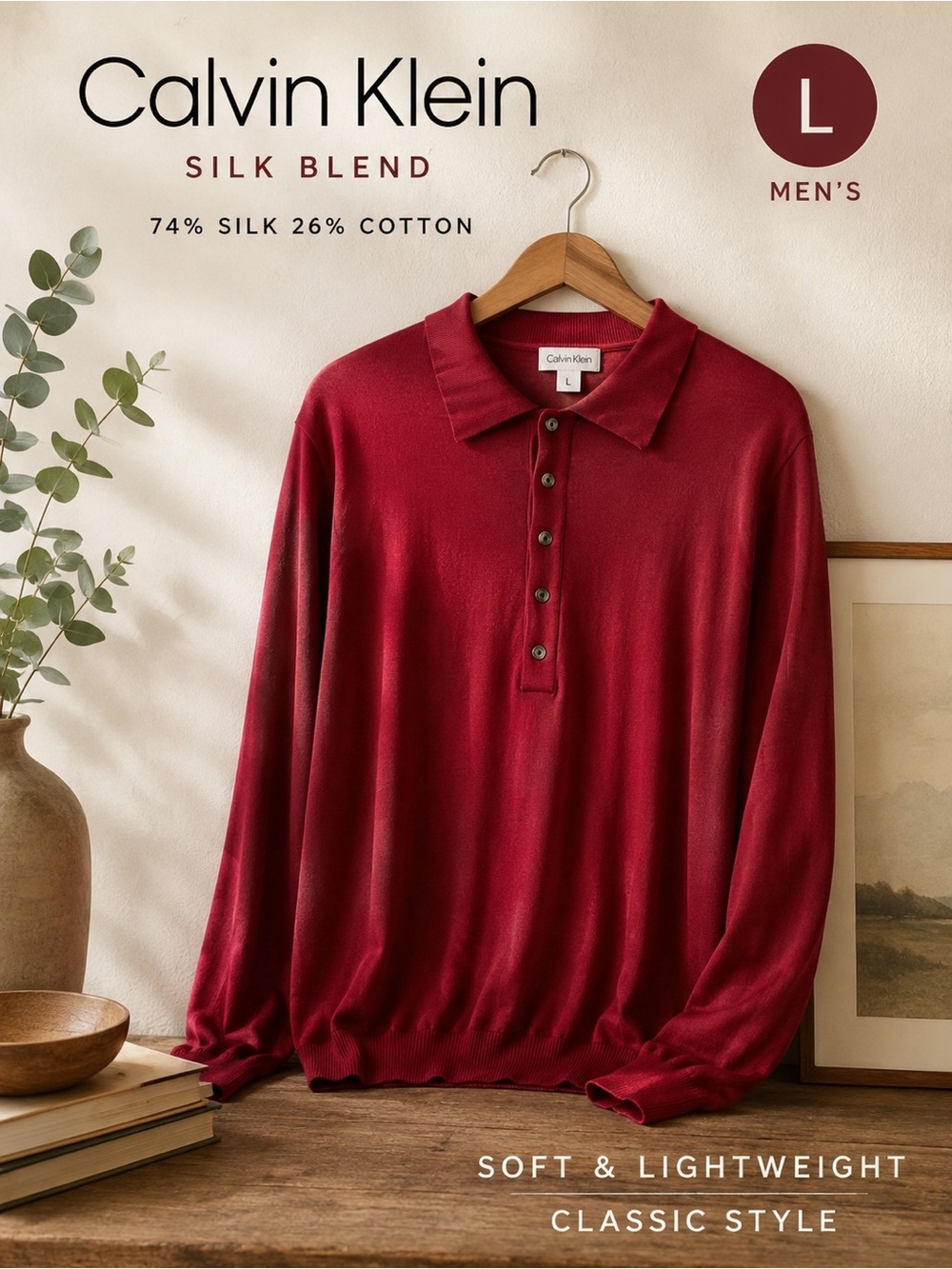 Men's Silk Blend Calvin Klein Burgundy Knit Long Sleeve Top Size Large